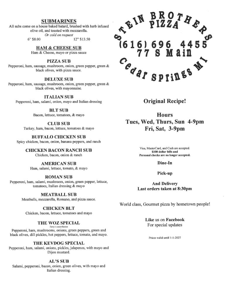 Stein Brothers Pizza Menu image 2